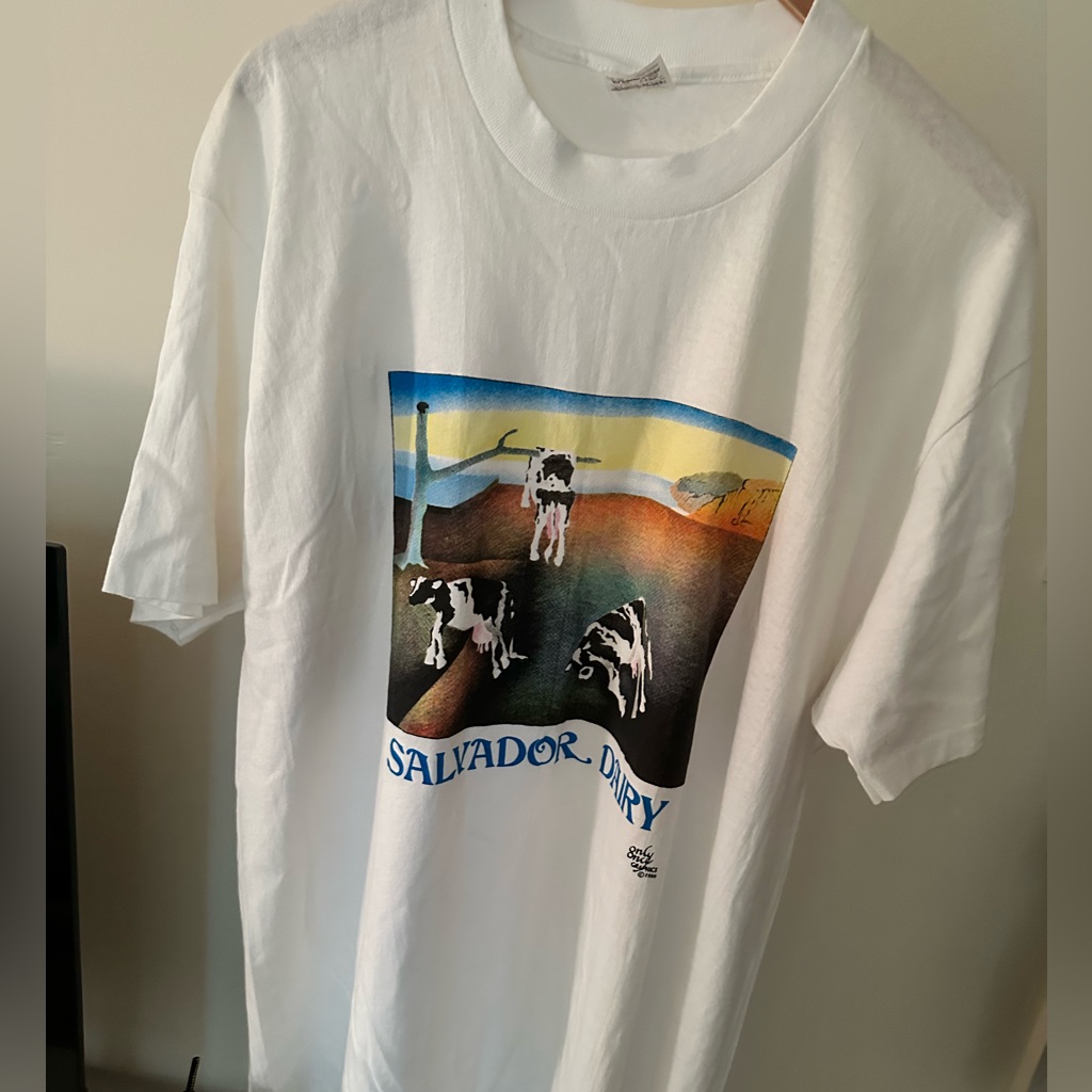 Vintage Salvador Dairy T Shirt Mens Size Xl White 80s Dali Cow Made In Usa